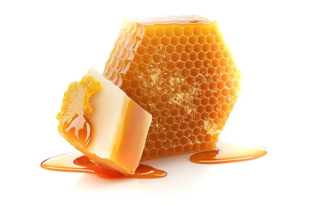 Honeycomb with flowing honey syrup isolated on a white background