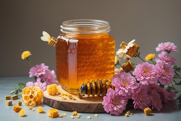 Honeycomb with jar and flowers