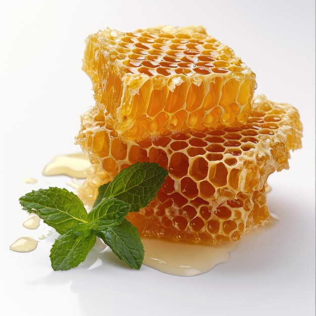 Honeycomb with mint leaves close up on the white background