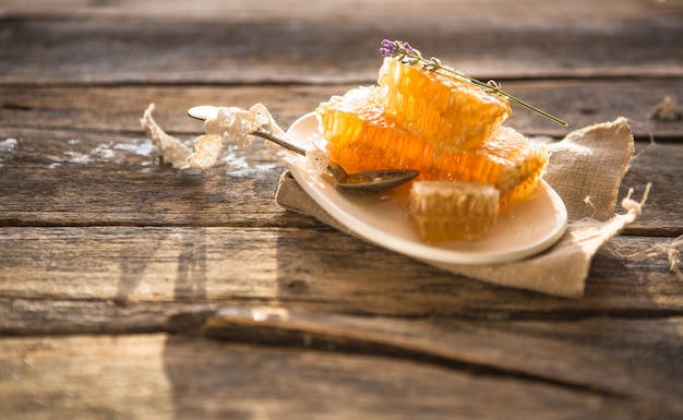 Honeycomb and wooden honey dipper. Raw honey. Natural honey, closeup view