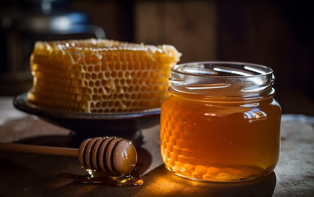 Honeycombs and honey on a table