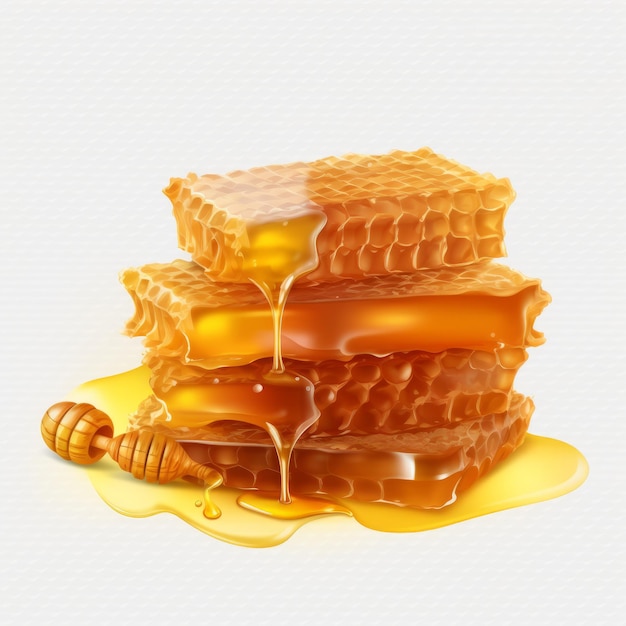 Honeycombs with honey dripping on white background