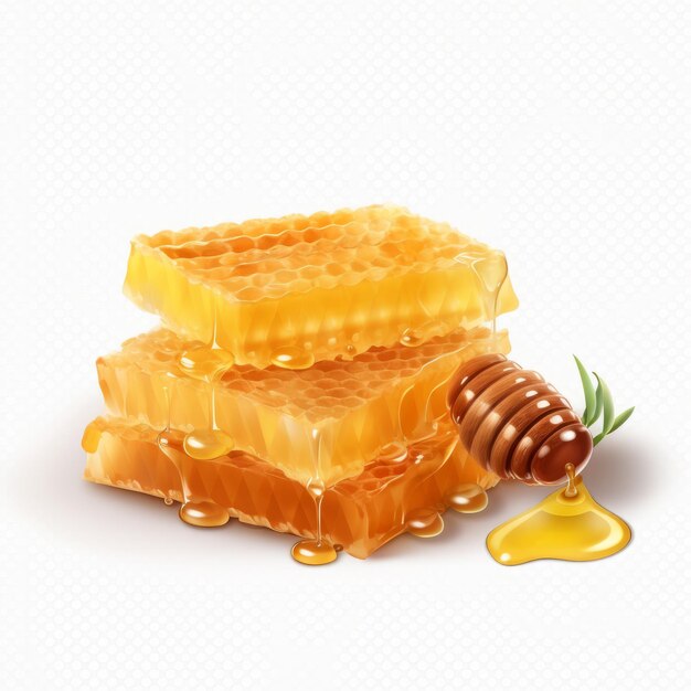 Honeycombs with honey dripping and wooden dipper