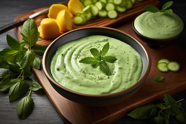 Foto una ciotola di frullato di melone e avocado con semi di chia