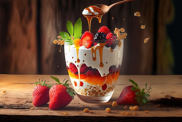 Photo honeydripping fruit and yogurt parfait on a wooden table