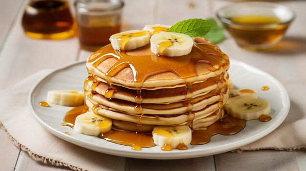 Honeydrizzled pancakes with banana slices