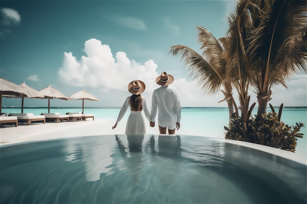 Honeymoon couple on edge of infinity pool watching tropical beach romantic luxurious destination