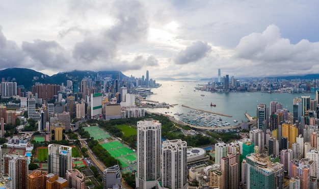 Hong Kong 01 June 2019: Top view of Hong Kong city