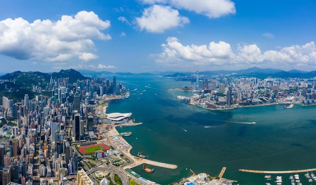 Hong Kong 03 September 2019: Drone fly over Hong Kong city