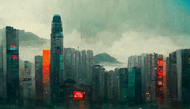 Hong kong city realistic illustration architecture