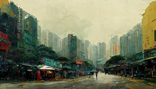 Hong Kong city street HongKong painting illustration