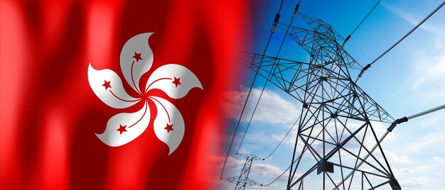 Hong Kong country flag and electricity pylons 3D illustration