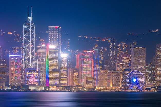 Hong kong downtown cityscape view during twilight time from Kowloon side at Hong Kong.