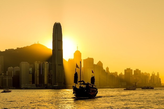 Hong Kong-horizon in zonsondergang