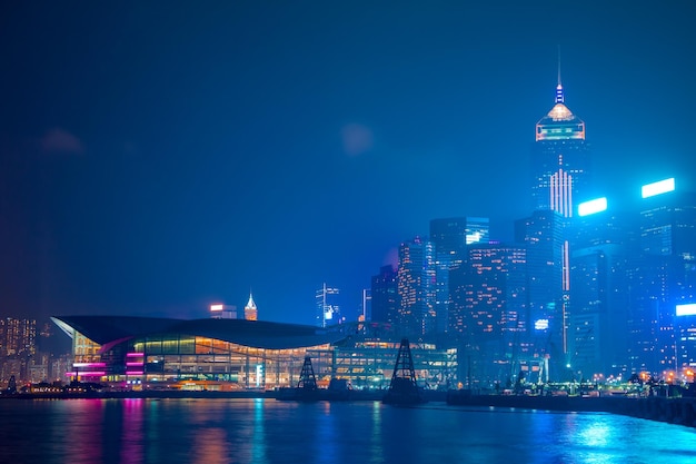 Photo hong kong night quay light mist and city lights