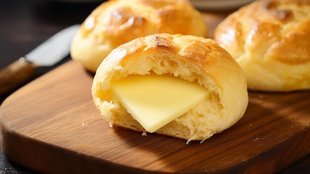 A Hong Kong pineapple bun its crumbly sweet top concealing a surprise a creamy cheese slice