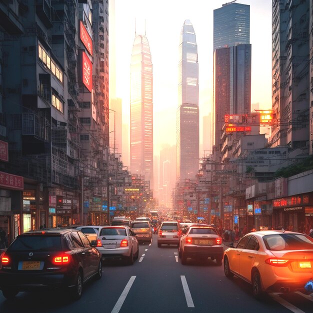 Hong kong street with busy traffic and skyscraper office at dusk