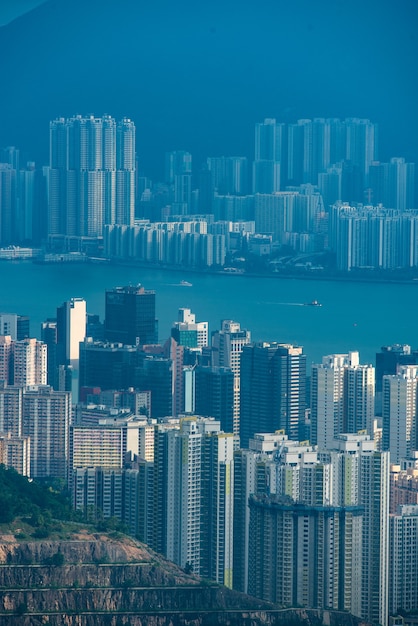 Hong Kong Victoria havenstad landschap, zakelijke binnenstad stedelijk met skyline gebouw toren, Azië district scène van wolkenkrabber architectuur uitzicht om te reizen