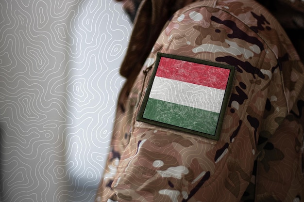 Hongarije Soldaat Soldaat met vlag Hongarije Hongarije vlag op een militair uniform Hongarije leger Camouflage kleding