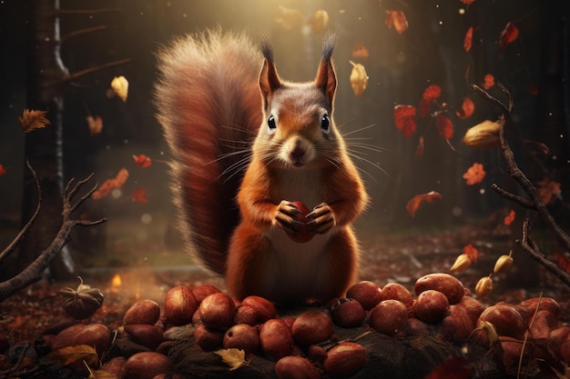 Hongere eekhoorn eet noten bos Generate Ai
