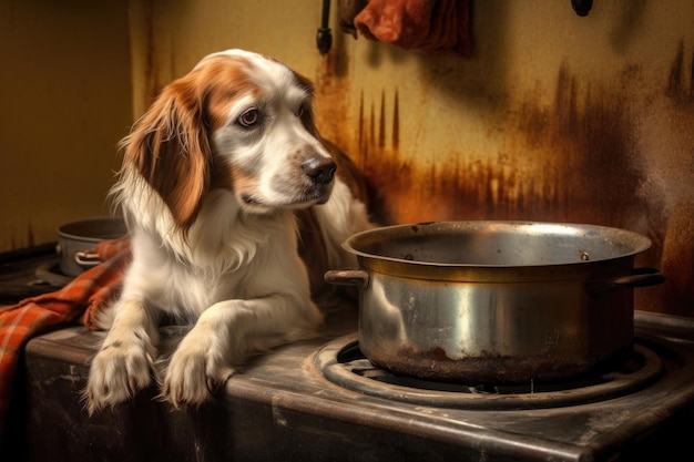 Hongere hond die naar een kookpot op de kachel kijkt