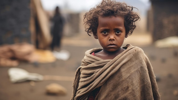 Hongerig uitgehongerd arm klein kind dat naar de camera kijkt in Ethiopië