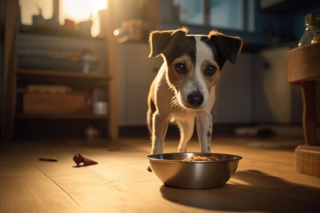 Hongerige hond met droevige ogen wacht op voeding in generatieve AI thuiskeuken