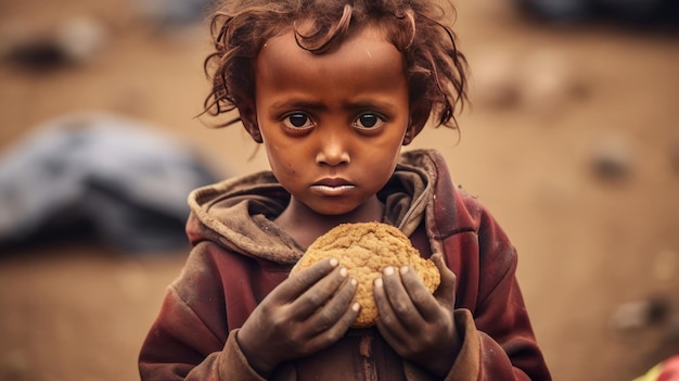 Foto hongerige jongen, hongerig arm klein kind dat naar de camera kijkt.