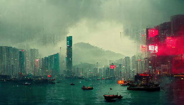 Photo hongkong city skyline hong kong china painting illustration