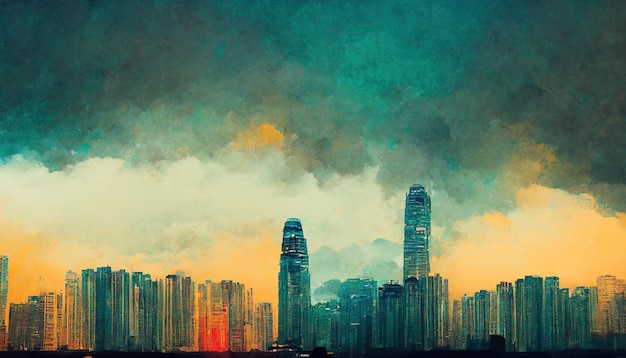 Hongkong city skyline hong kong china painting\
illustration