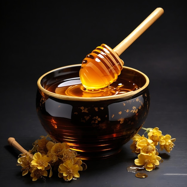Honing in een kom met een houten stok op een zwarte achtergrond Ai Generated