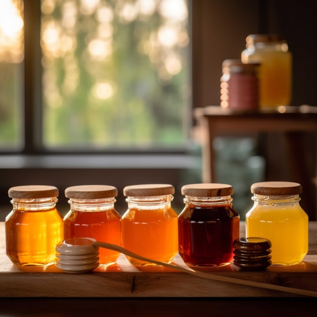 Honing in glazen potten met houten drizzler op houten plank