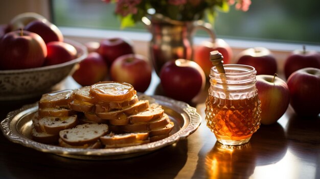 Honing met appels op een houten tafel Rosh Hashanah