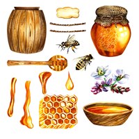 Honing set met pot vat bijen honingraten boekweit bloemen isolaat, aquarel illustratie.
