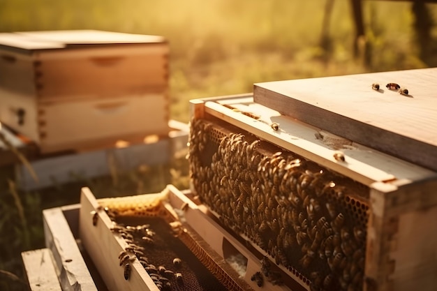 Honingbijen zittend op de korf Bijenteeltconcept Generatieve AI