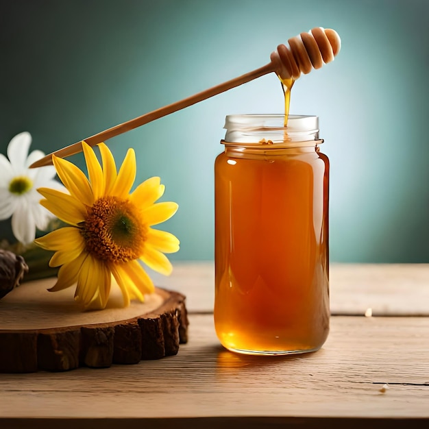 honingbijenpot Mooie potjes honing en bloemen op tafel met houten honingstokje