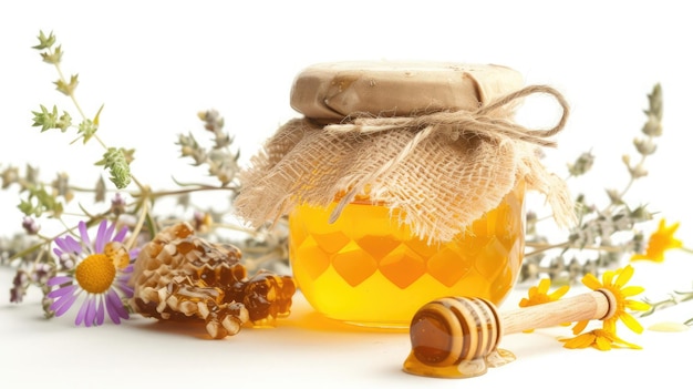 honingdipper en honing in pot op witte achtergrond