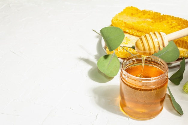 Honingraat, honing en bijenwas. Natuurlijke biologische bijenteeltproducten voor een gezonde en mooie levensstijl. Hard licht, donkere schaduw, witte gipsachtergrond, kopieerruimte