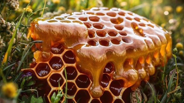 Honingraat met honing die valt