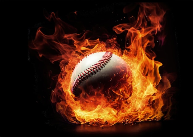 Honkbal in vlammen op zwarte achtergrond digitale illustratie Generatieve AI