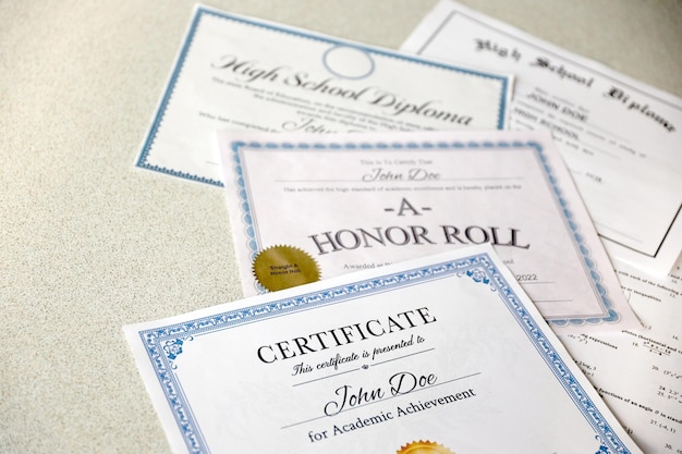 A honor roll recognition certificate of achievement and high\
school diploma lies on table education documents