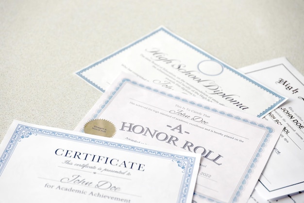 A honor roll recognition certificate of achievement and high school diploma lies on table Education documents