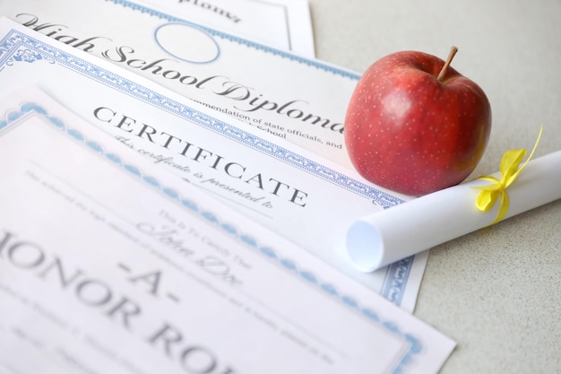 A honor roll recognition certificate of achievement and high
school diploma lies on table with small scroll and red apple
education documents