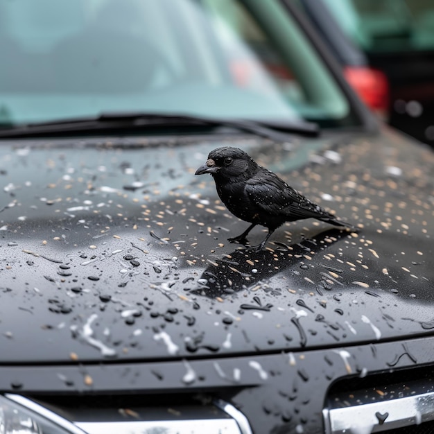 The hood of the car is covered in bird droppings and there is a small black bird on the hood