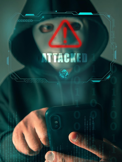 Hood hackers are using mobile to attack sensitive data background binary code Hacking and malware concept