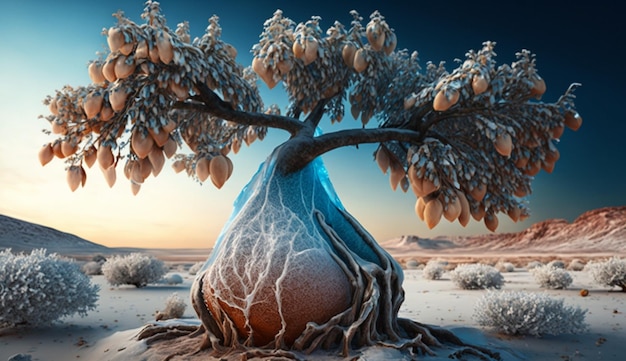 Hood pear tree in the ice illustration beautiful photo Ai generated art