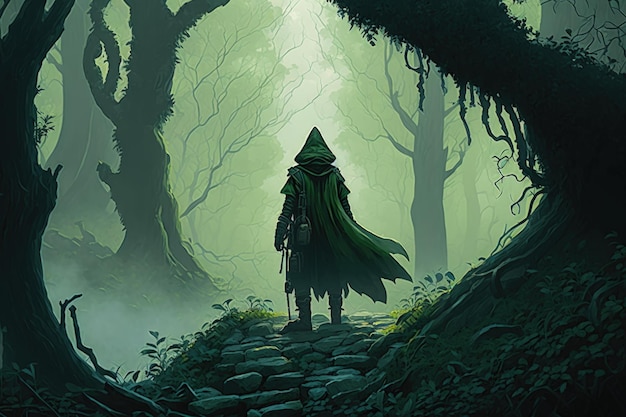 Hooded archer illustration forest with green fog fantasy concept Generative AI