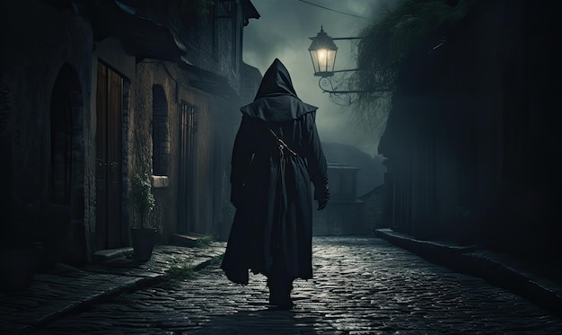 The hooded assassin moves stealthily through the dimly lit alleyway