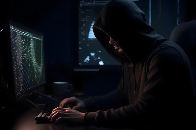 Hooded computer hacker in een donkere kamer Computer misdaad concept