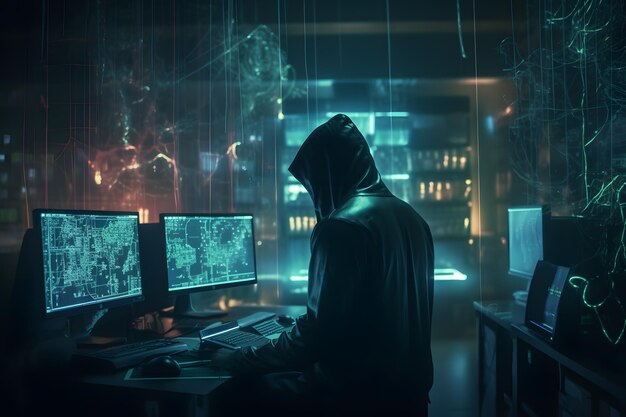 Photo hooded computer hacker on server room